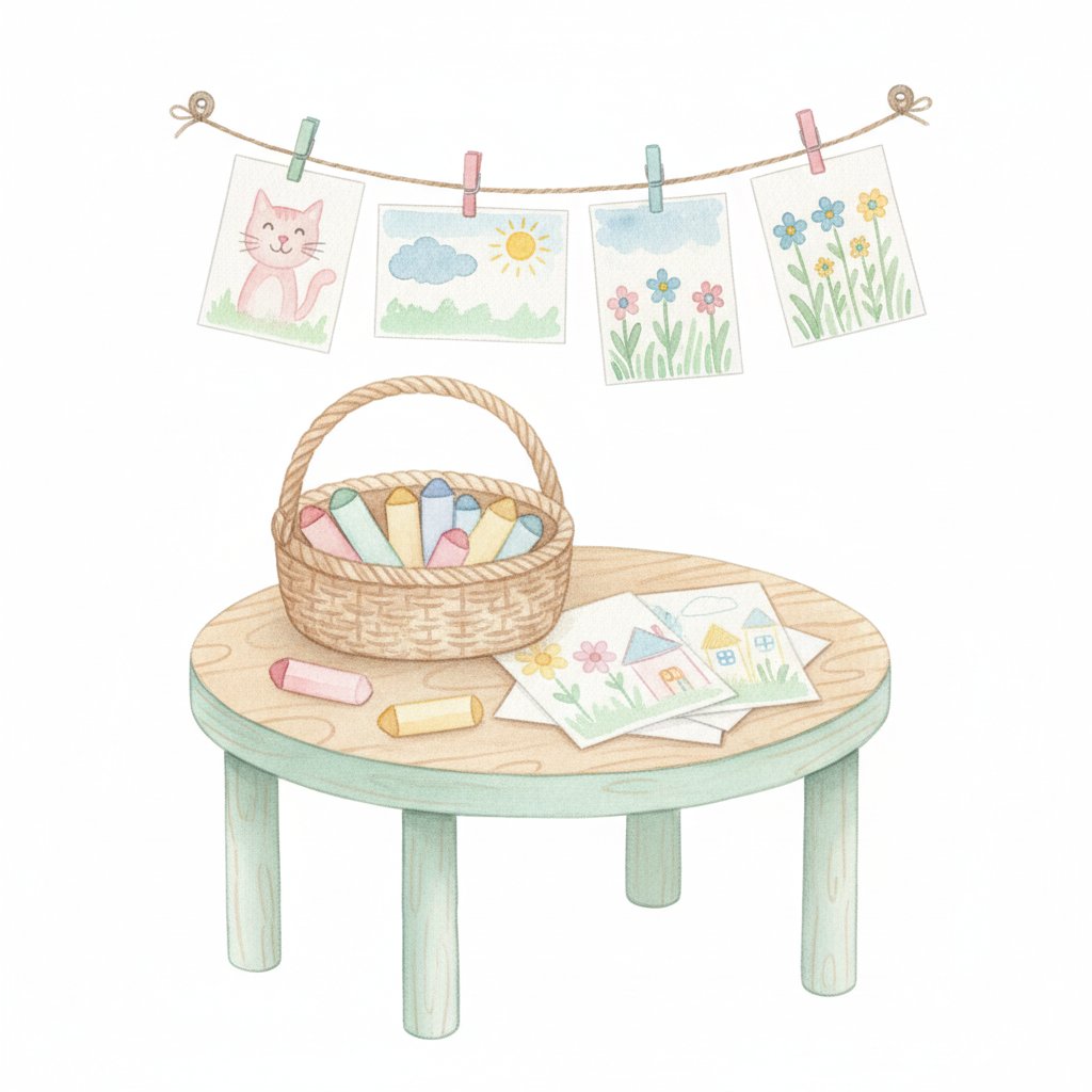 A cozy coloring station with crayons and finished art clipped to a string