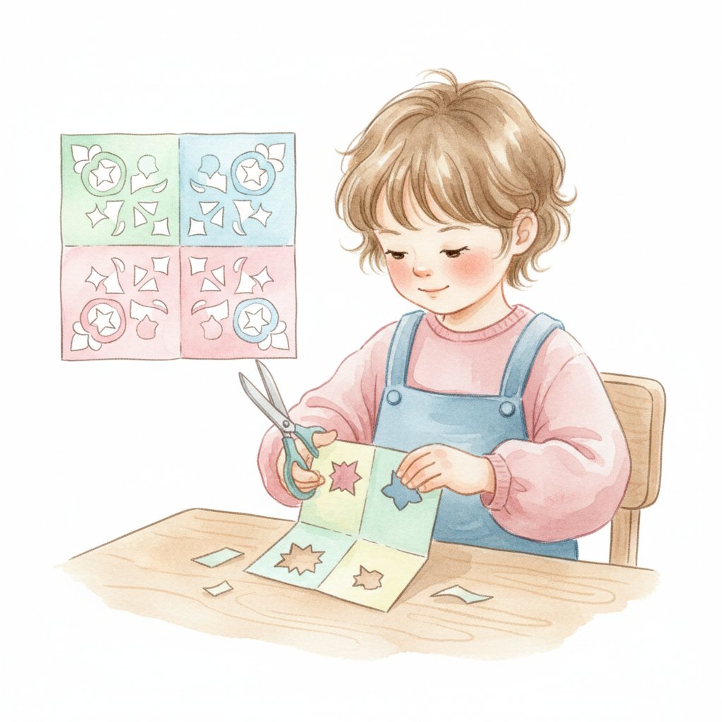A young child cutting shapes into folded paper to make a delicate paper snowflake
