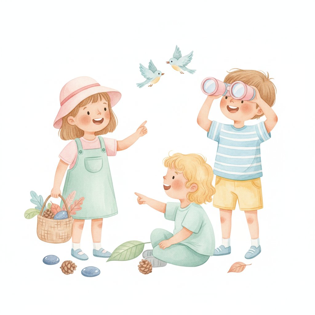 Children on a nature treasure hunt collecting leaves and stones and bird watching with binoculars