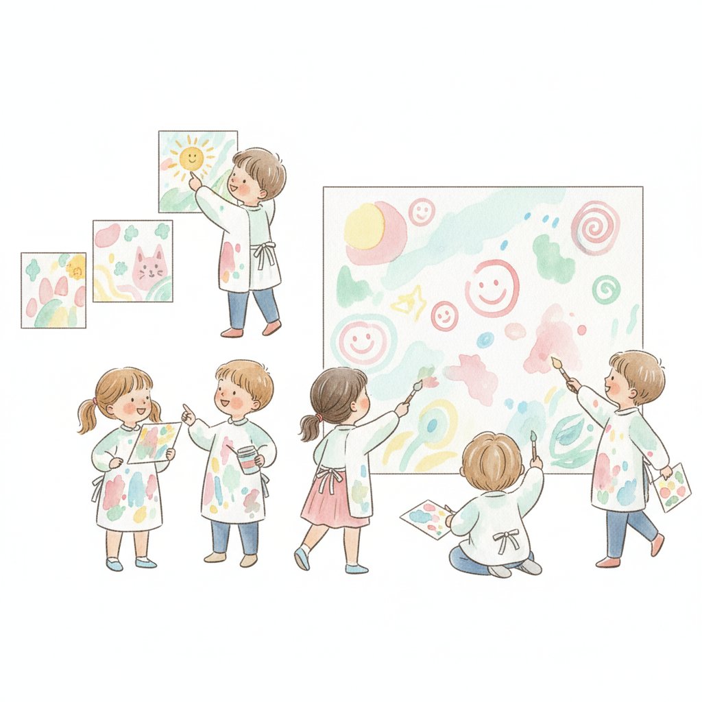 Preschoolers curating their artwork and painting a collaborative mural — the outcome process art is actually after