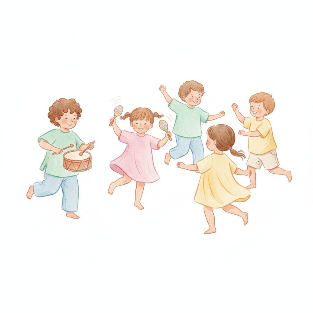 Watercolor of cheerful preschoolers dancing and playing world instruments