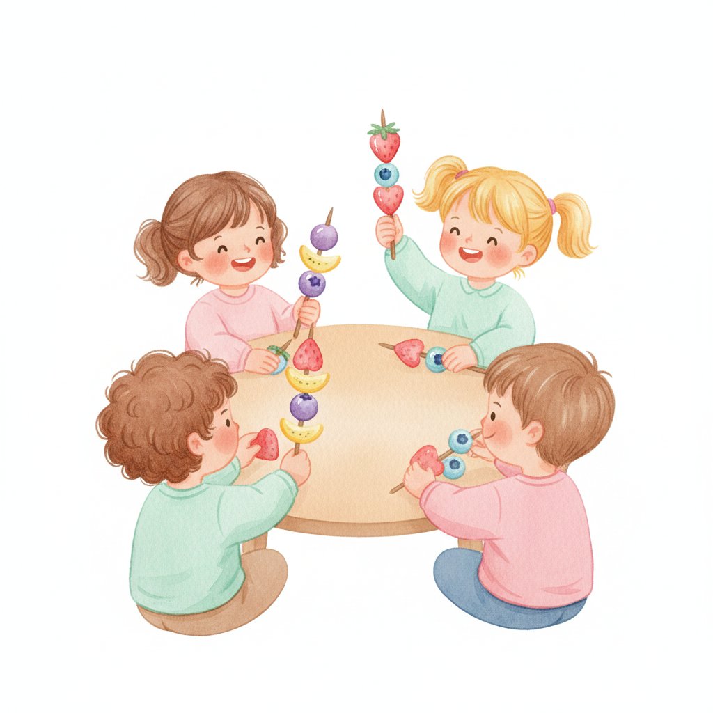 Children threading colorful fruit pieces onto skewers in repeating patterns