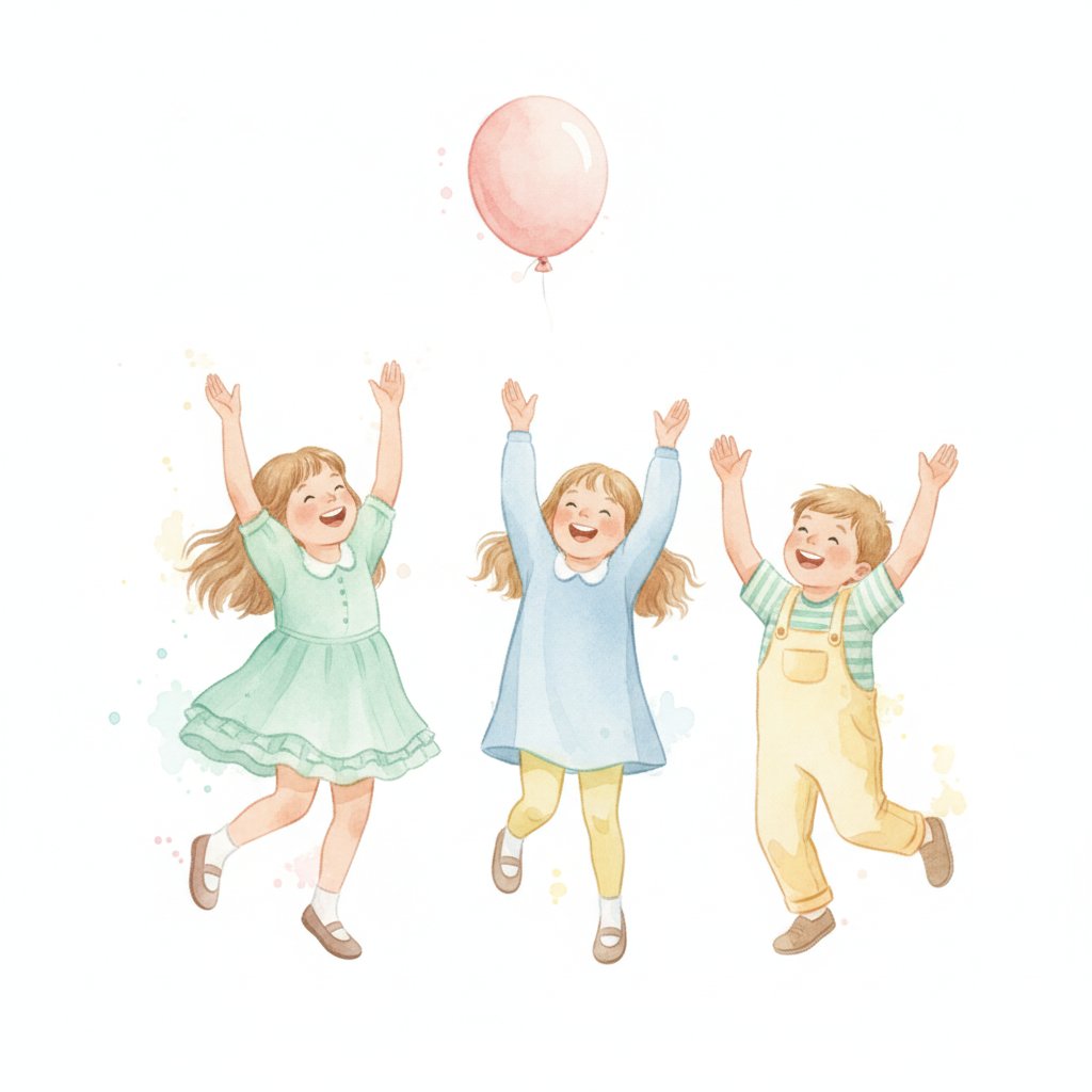Watercolor illustration of children dancing and keeping a balloon up during movement songs