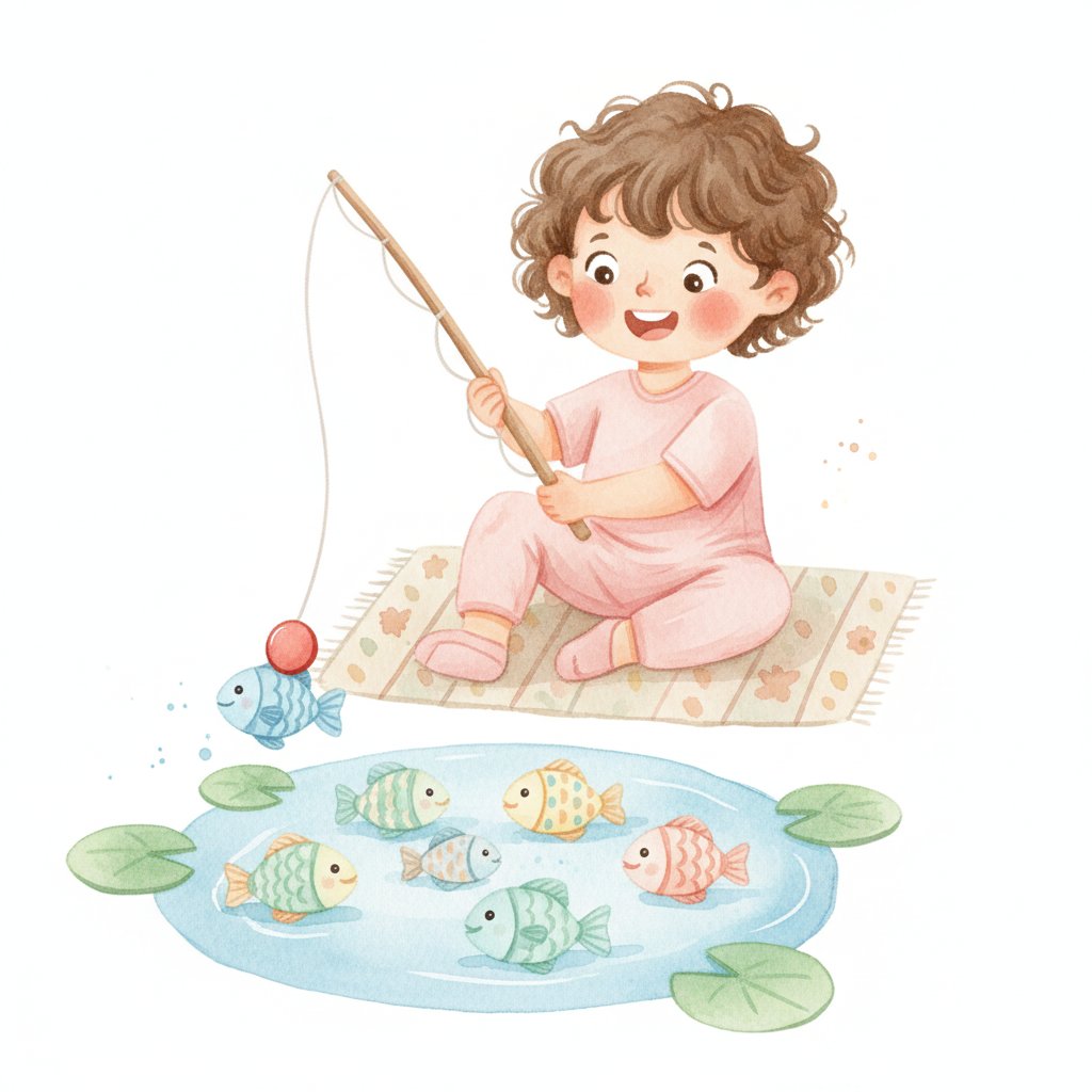 A child magnet fishing for paper fish with a magnet on a string