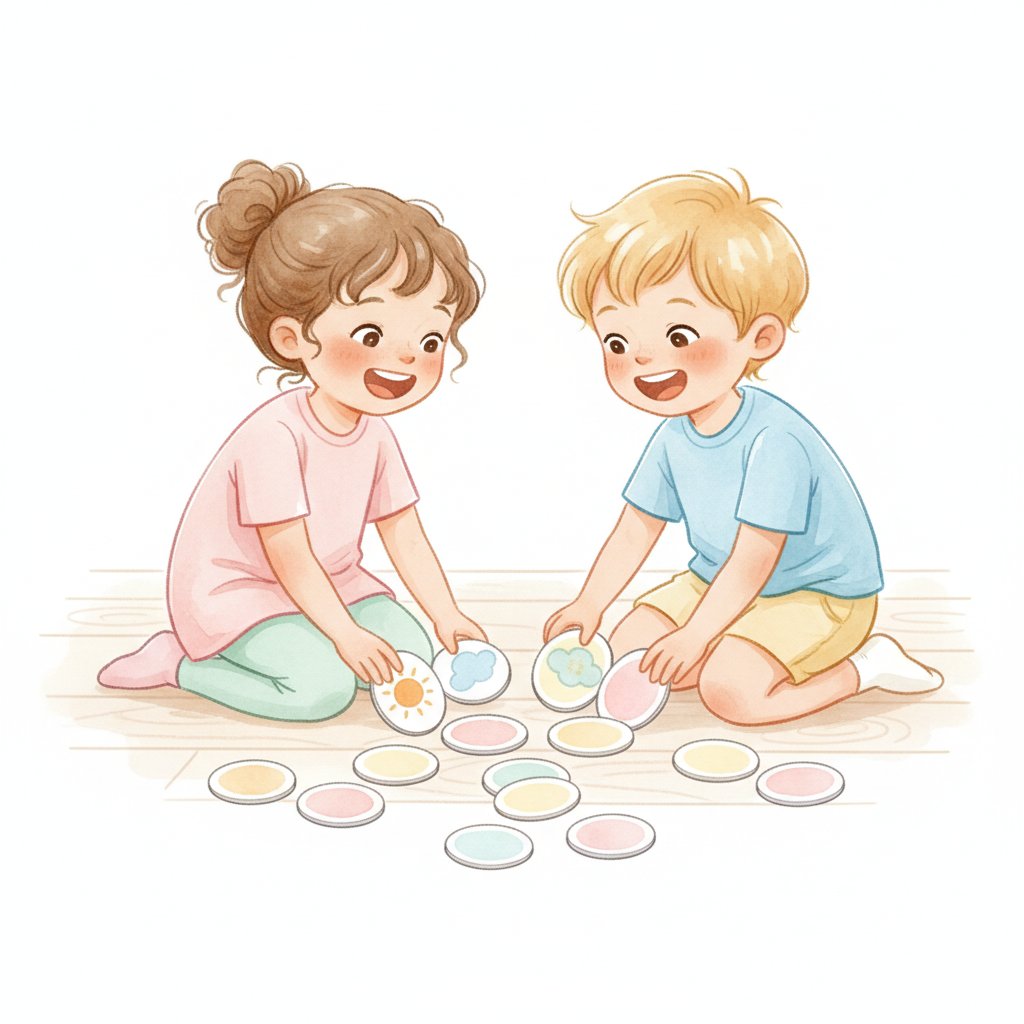 Two young children playing a picture card matching memory game on the floor