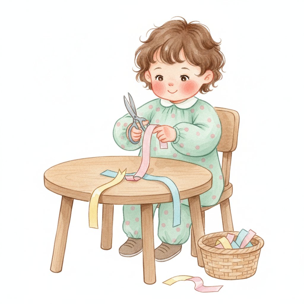 A happy toddler making single snips on narrow paper strips that fall into a basket