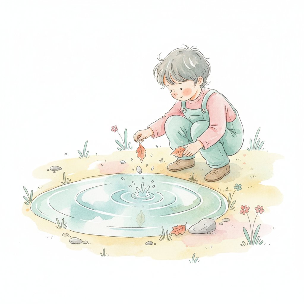 Watercolor of a child experimenting with a puddle after rain