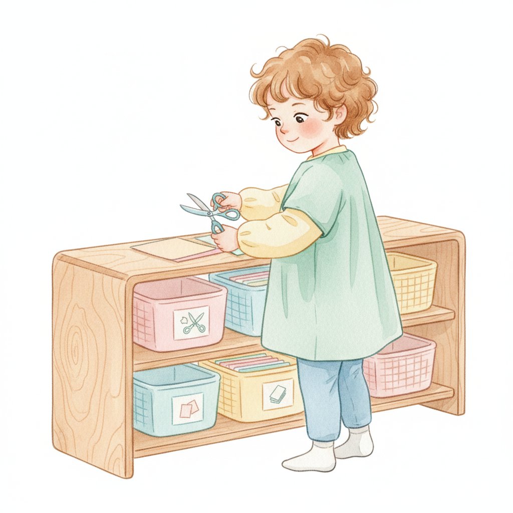 a child choosing scissors and paper from labeled bins at a cutting station