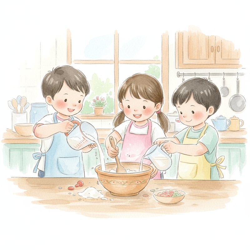 Children cooking together, measuring and stirring in a kitchen