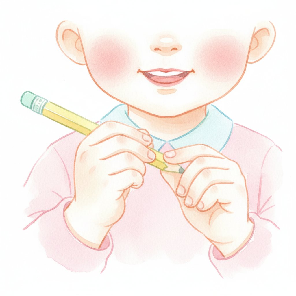 Watercolor illustration of a child holding a pencil correctly with a tripod grip