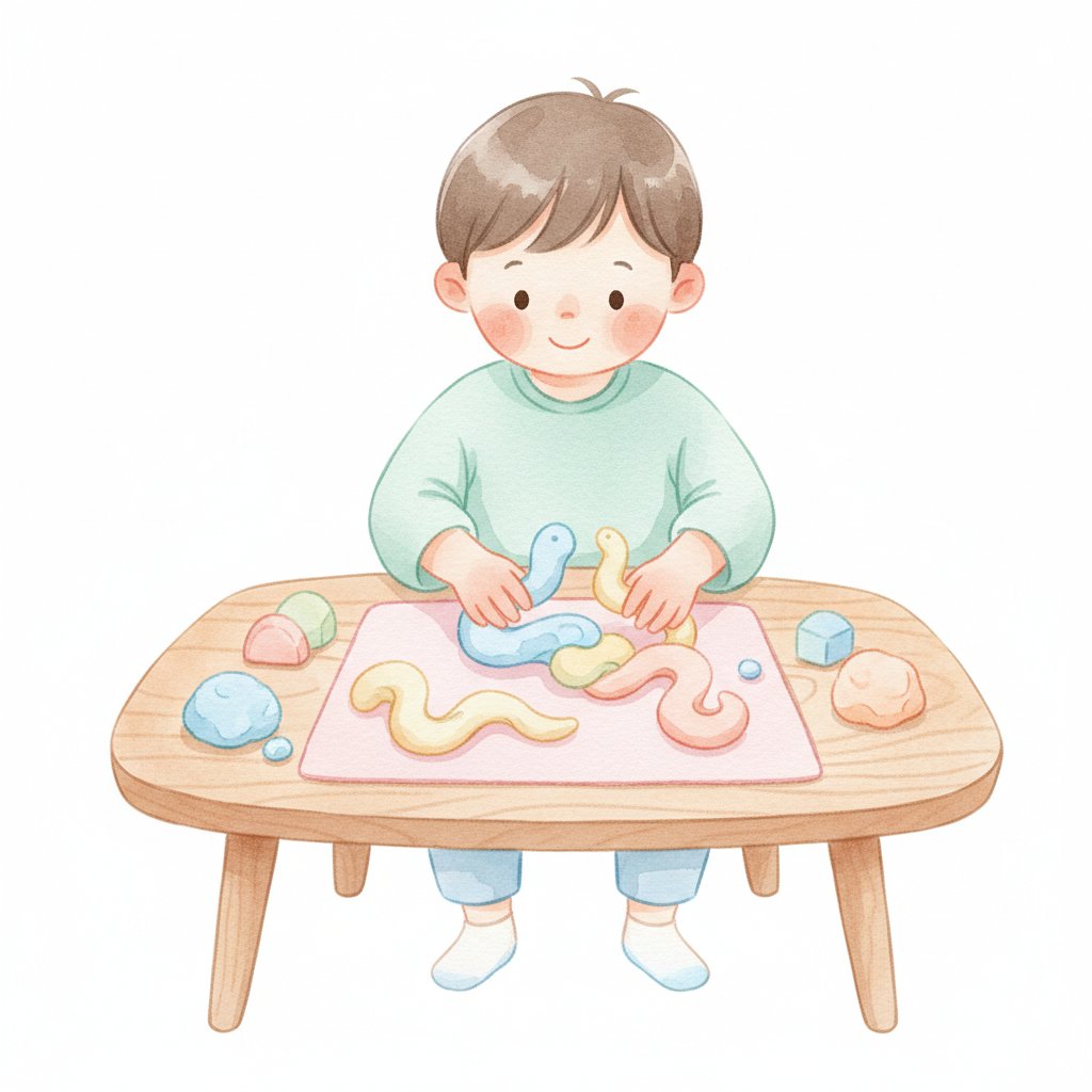 Child shaping letters from colorful play dough
