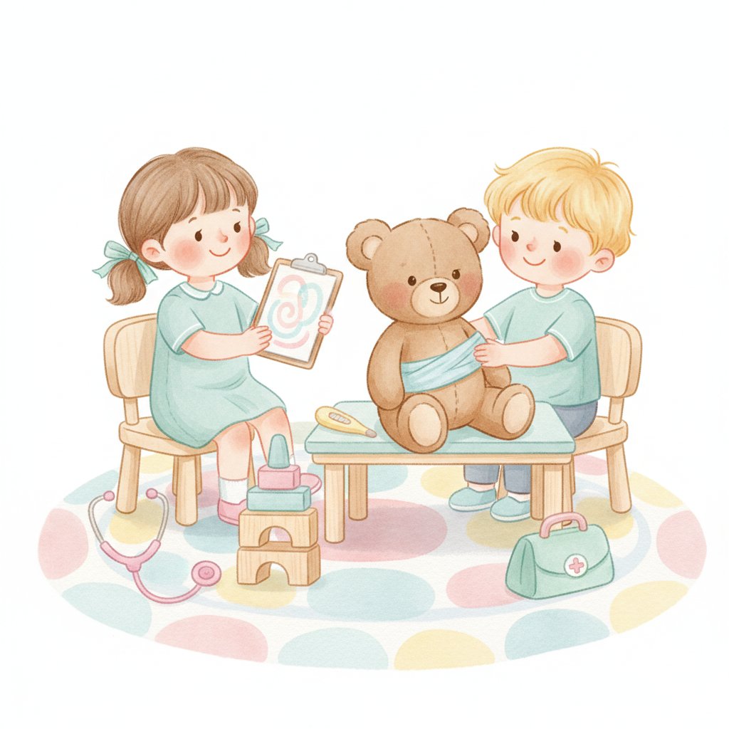 Children doing a pretend checkup on a stuffed animal with a clipboard chart and bandage