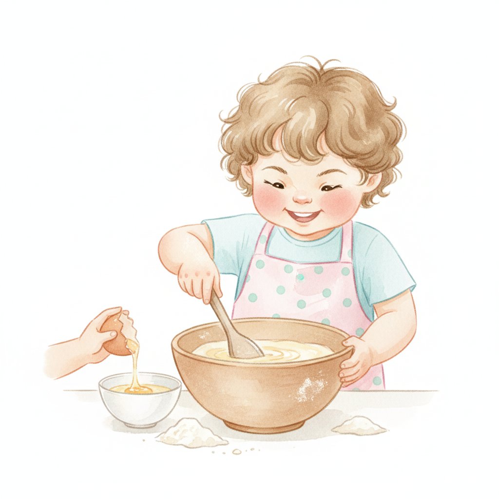 Child in an apron stirring a bowl of batter with a wooden spoon