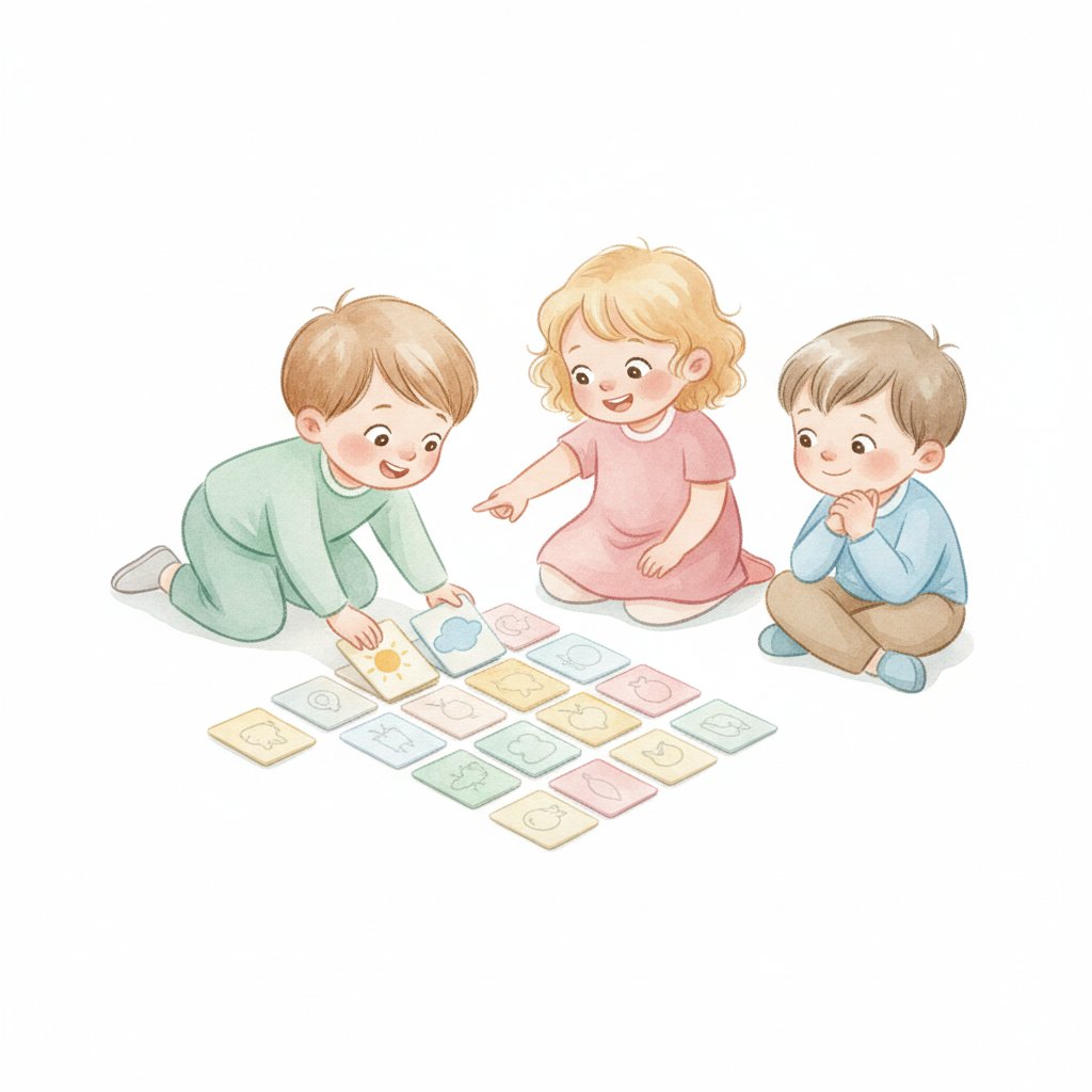 Children playing classic memory match with cards face down in a grid