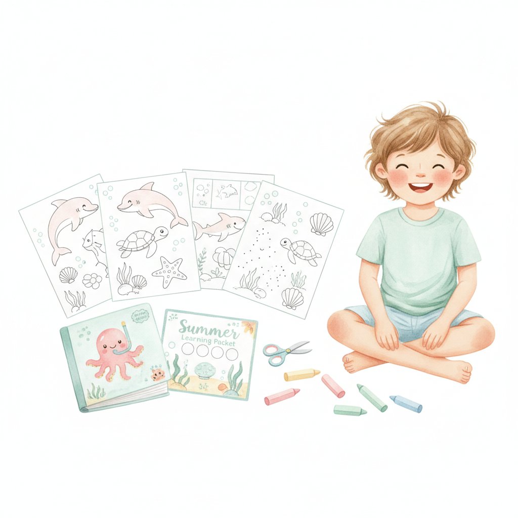 A child beside a spread of varied ocean-themed activity sheets