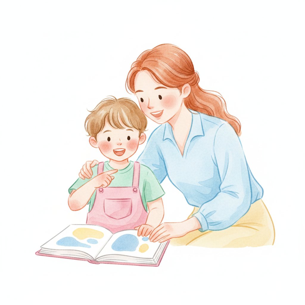 Watercolor illustration of a child sounding out a word with a smiling teacher