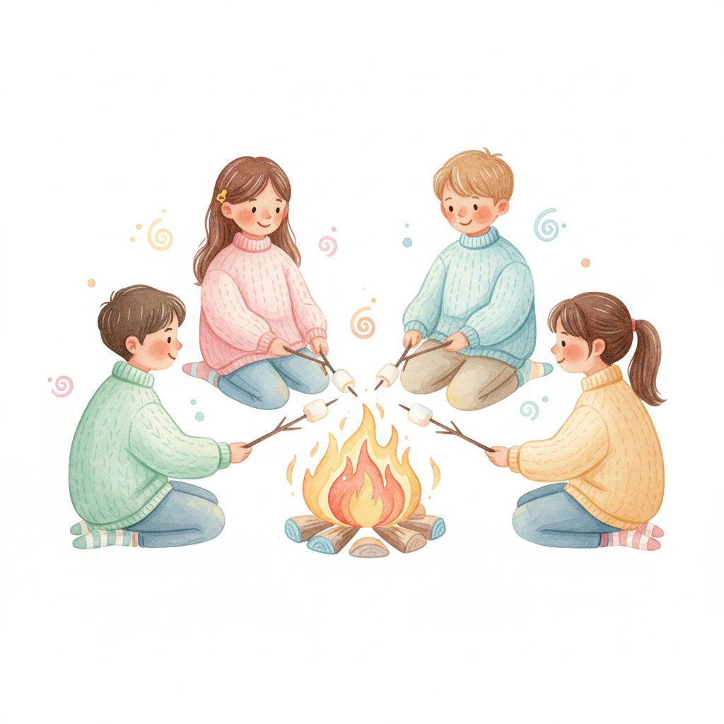 preschoolers toasting pretend marshmallows around a cozy paper campfire