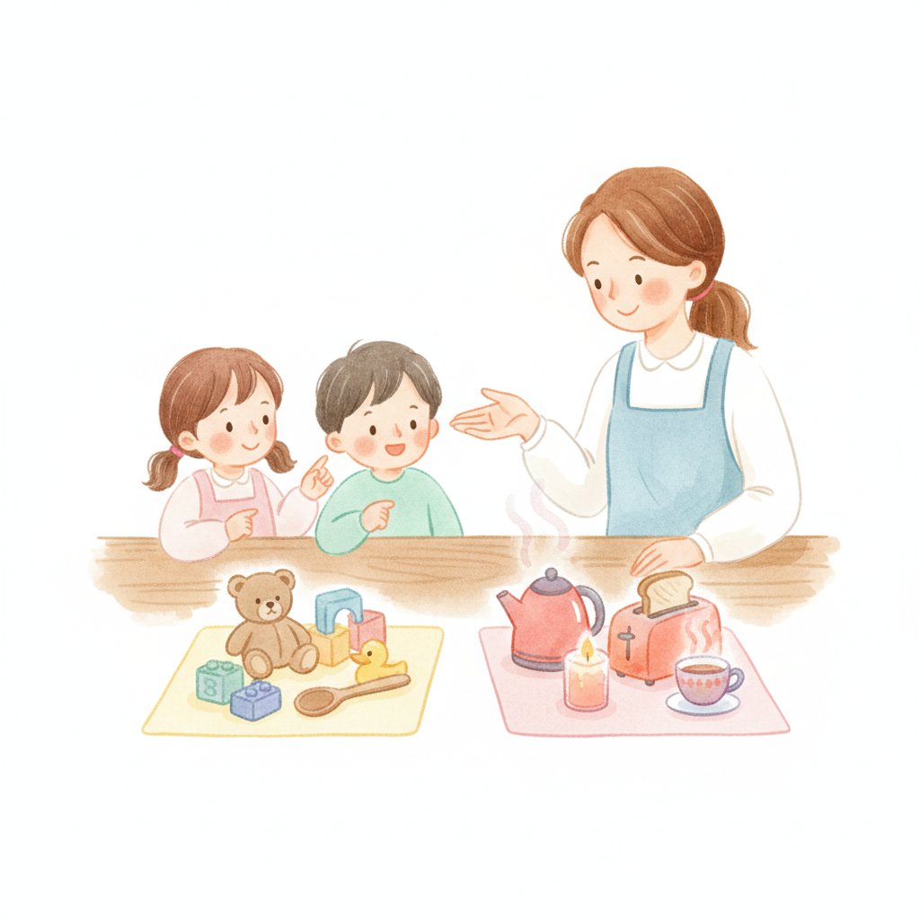 Watercolor illustration of preschoolers sorting safe and hot household objects in a kitchen with a caring grown-up