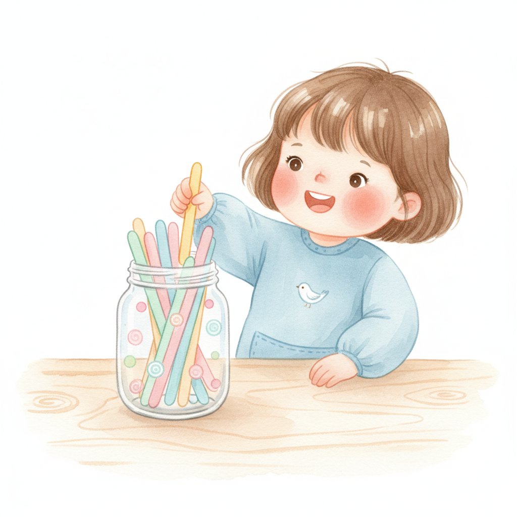 A child picking a craft stick from a colorful activity jar