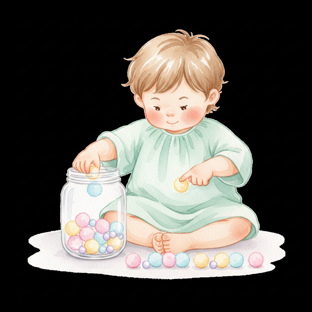 Child counting beads and pom-poms as counters
