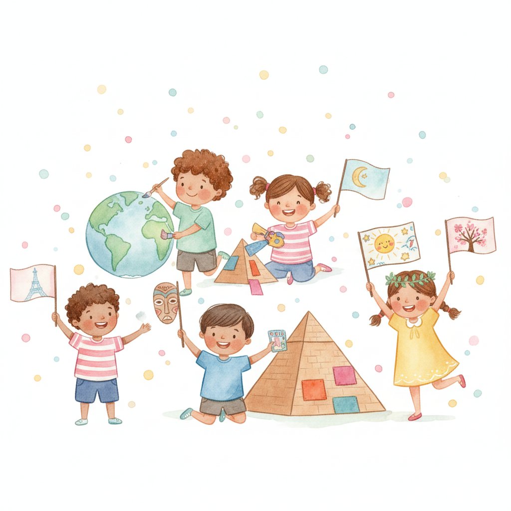 Watercolor of cheerful preschoolers making world-inspired art and holding colorful flags