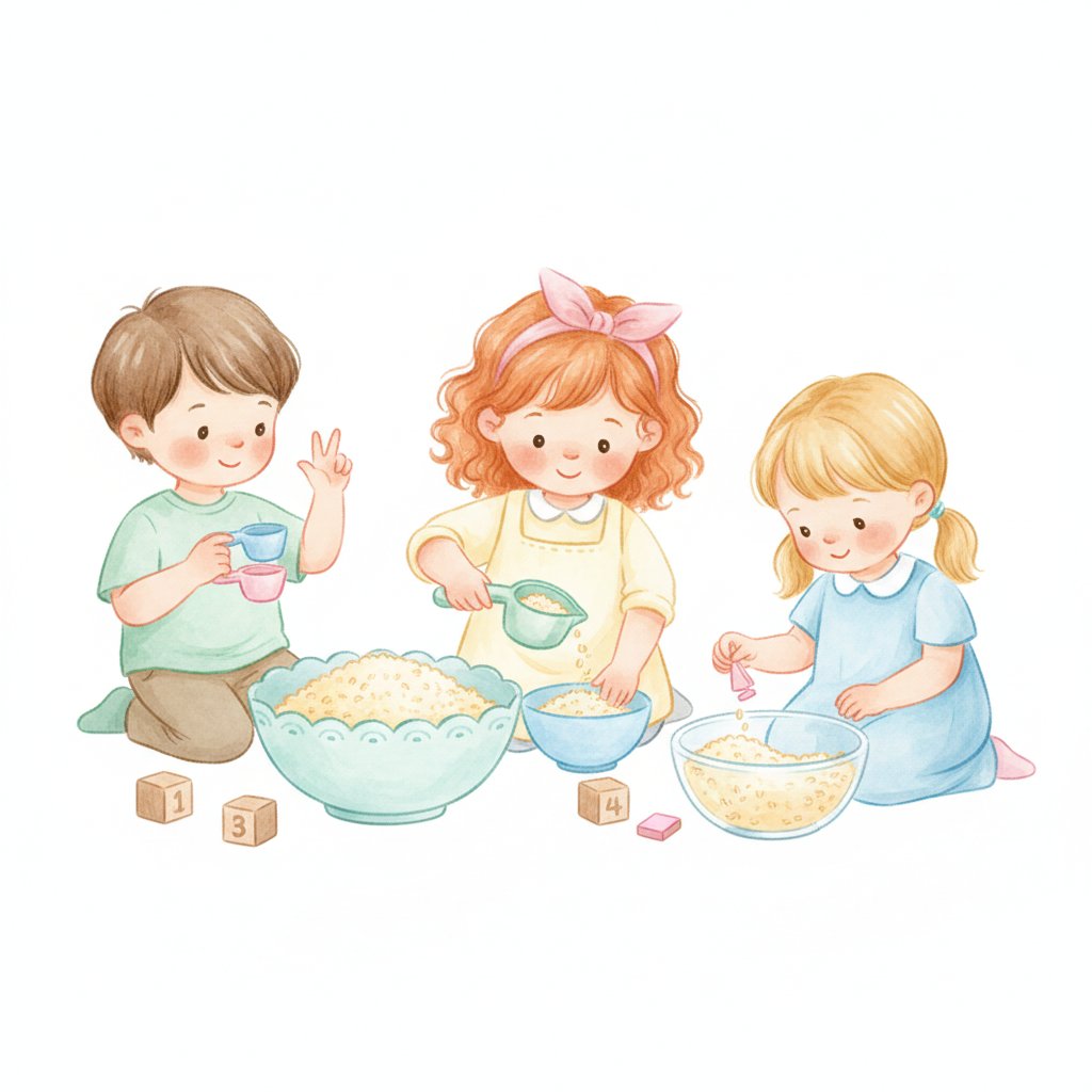 Children scooping rice with nested measuring cups to explore fractions