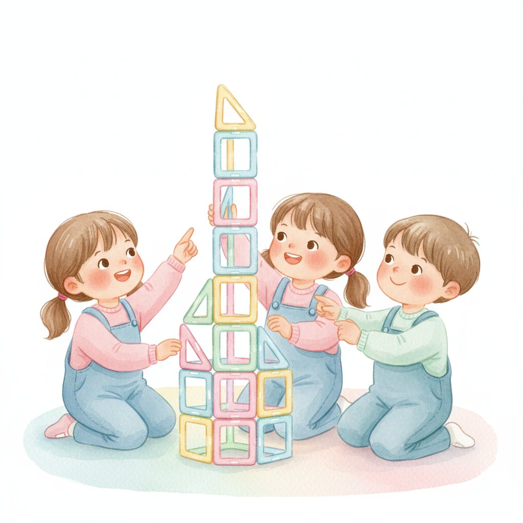 Children building a tower with colorful magnetic tiles