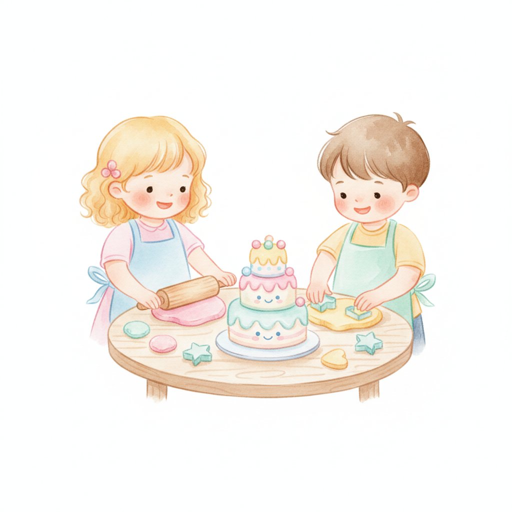 Two young children playing bakery, rolling play dough, cutting cookie shapes and decorating a pretend cake