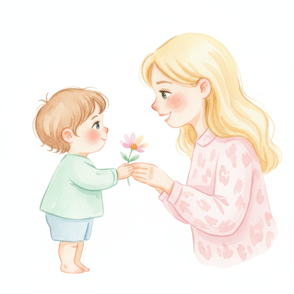 A child politely handing a flower to a grown-up with a warm smile