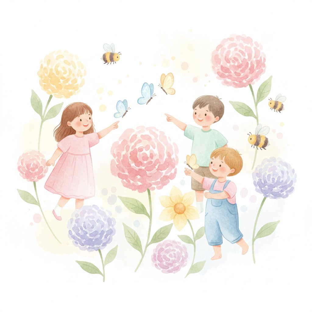 Children watching butterflies and bees among flowers in a garden
