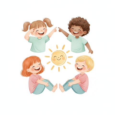 cheerful young children happily pointing to their head, shoulders, knees and toes
