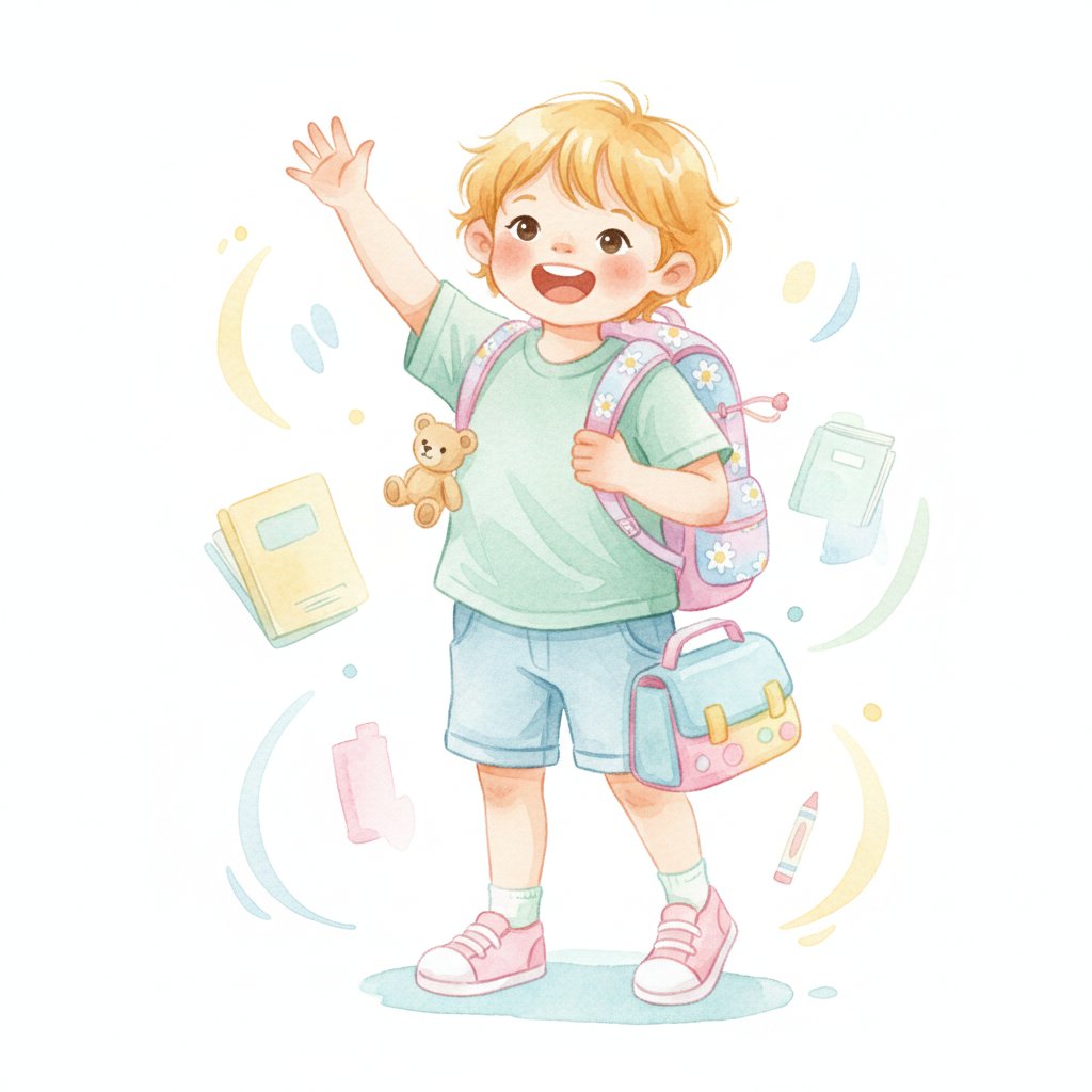 Watercolor illustration of a confident young child wearing a backpack ready for the first day of school