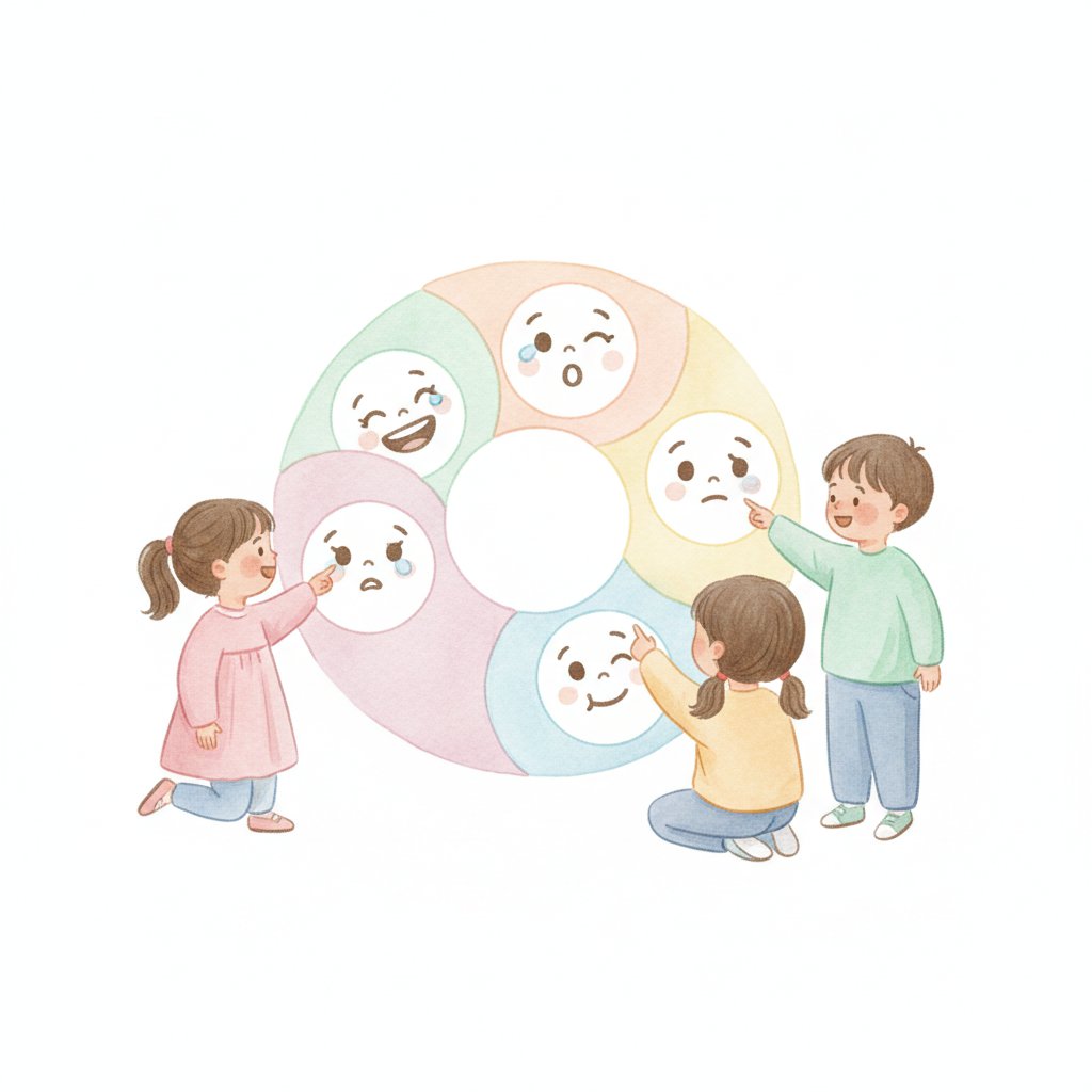 Young children looking at a colorful feelings chart with friendly emotion faces together