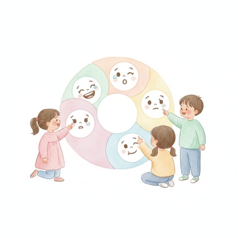 cheerful young children looking at a colorful feelings chart with friendly emotion faces