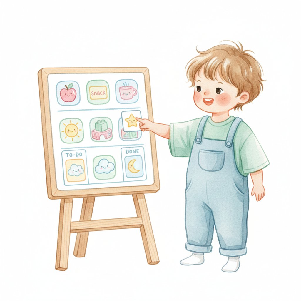 Child pointing at a picture schedule board with friendly icons