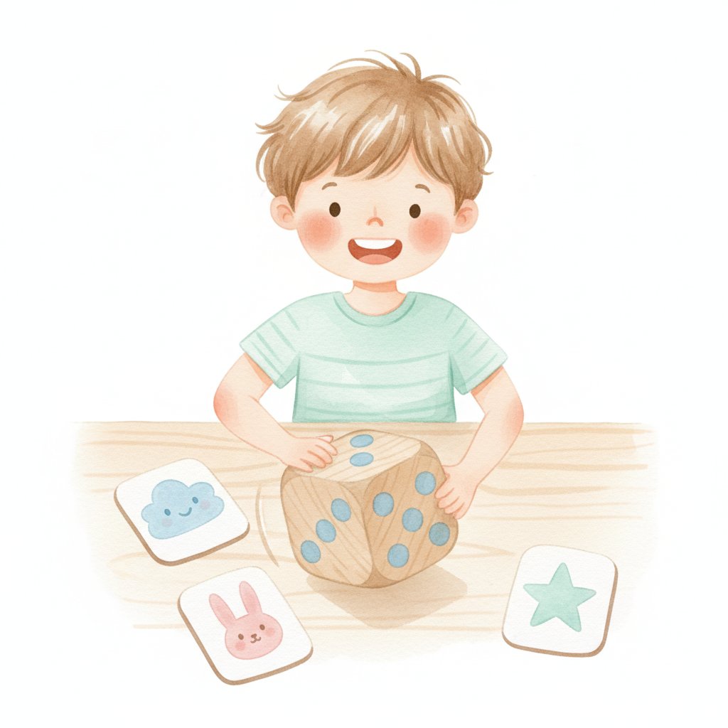 A smiling child rolling a wooden dice during a playful card game