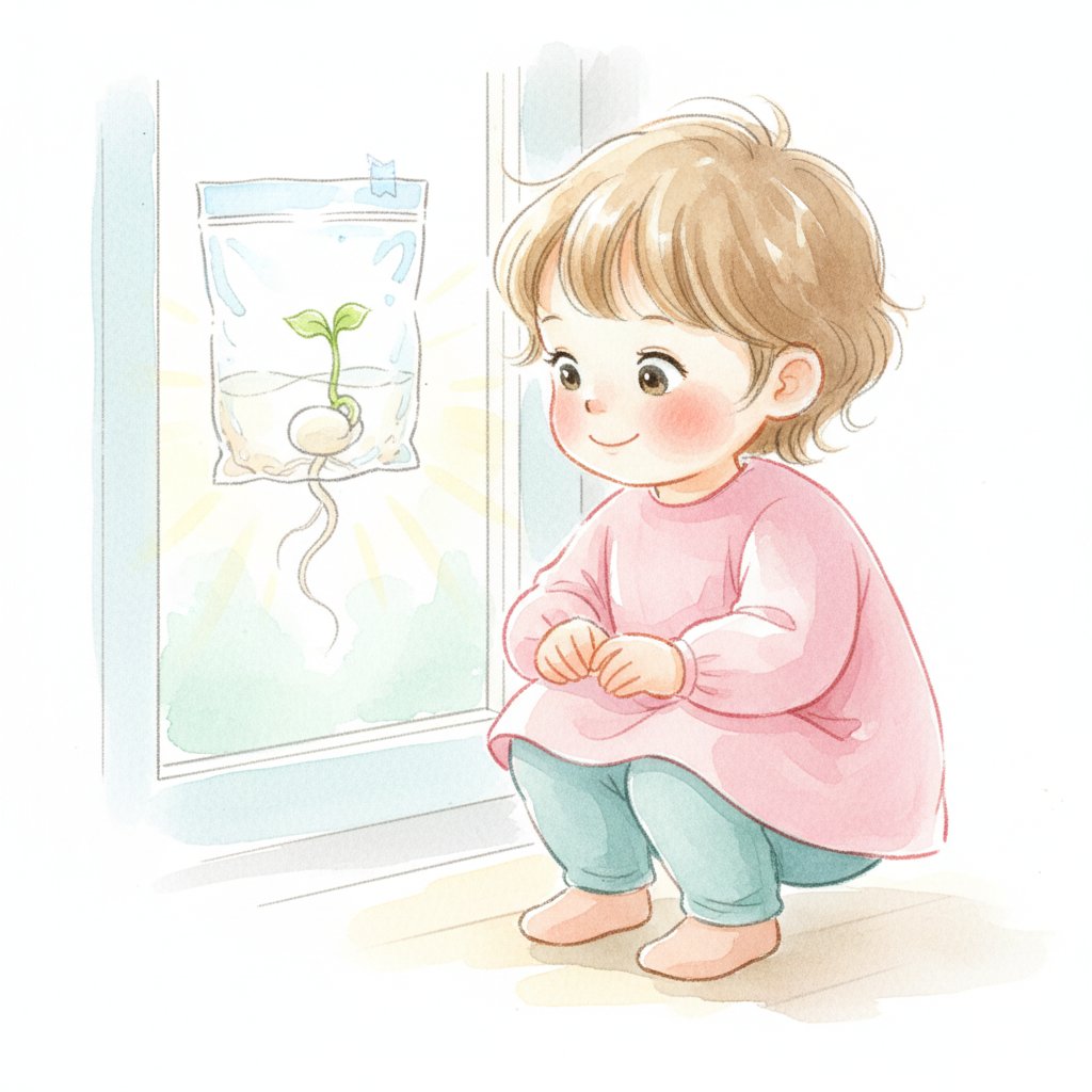 Watercolor of a child watching a bean sprout in a bag on a window