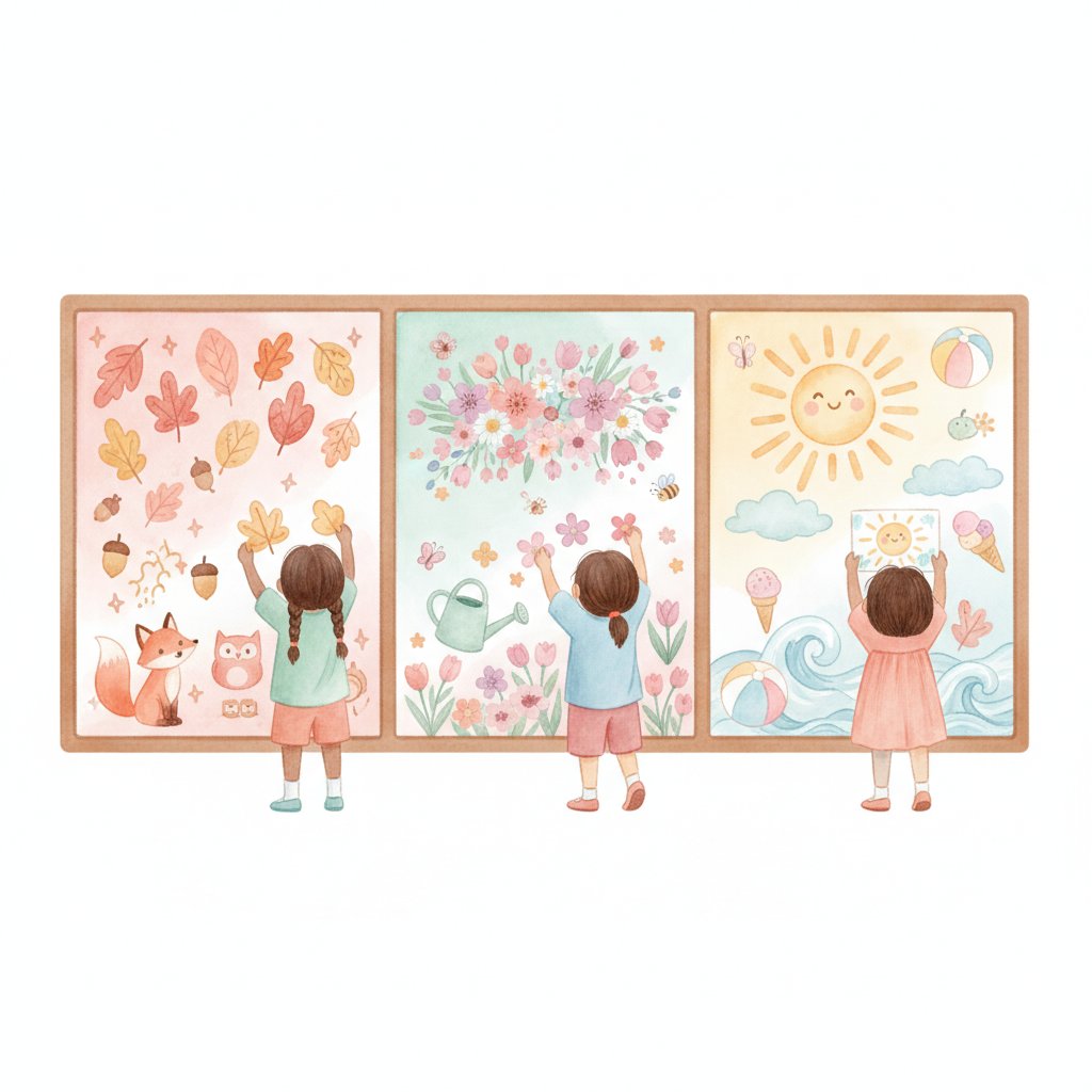 Classroom display wall changing with the seasons