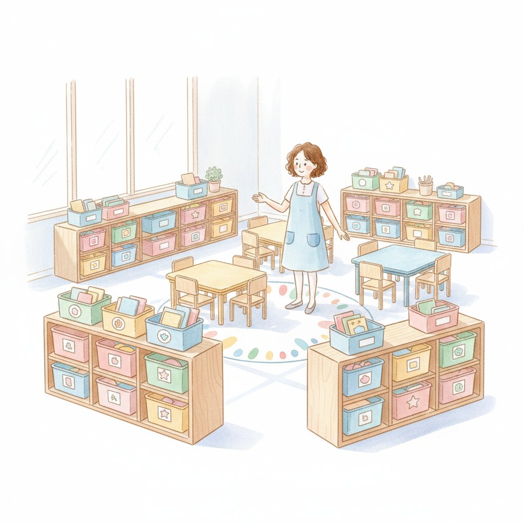 a bright organized classroom with labeled bins and a smiling teacher