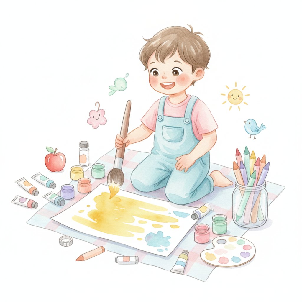 Happy child surrounded by colourful crayons paints and objects exploring colours