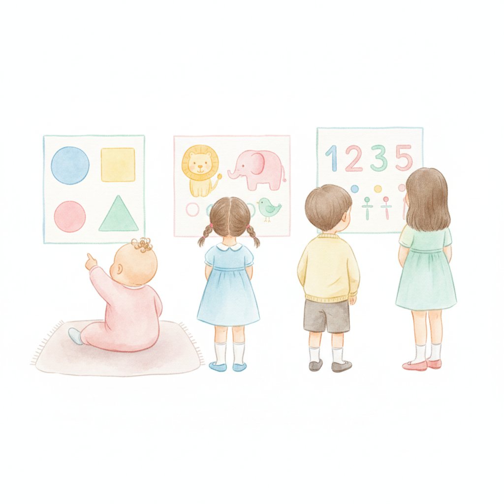 Children of different ages beside age-appropriate learning wall charts