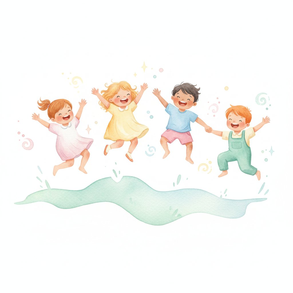 Watercolor illustration of children jumping and hopping over a gap on the floor