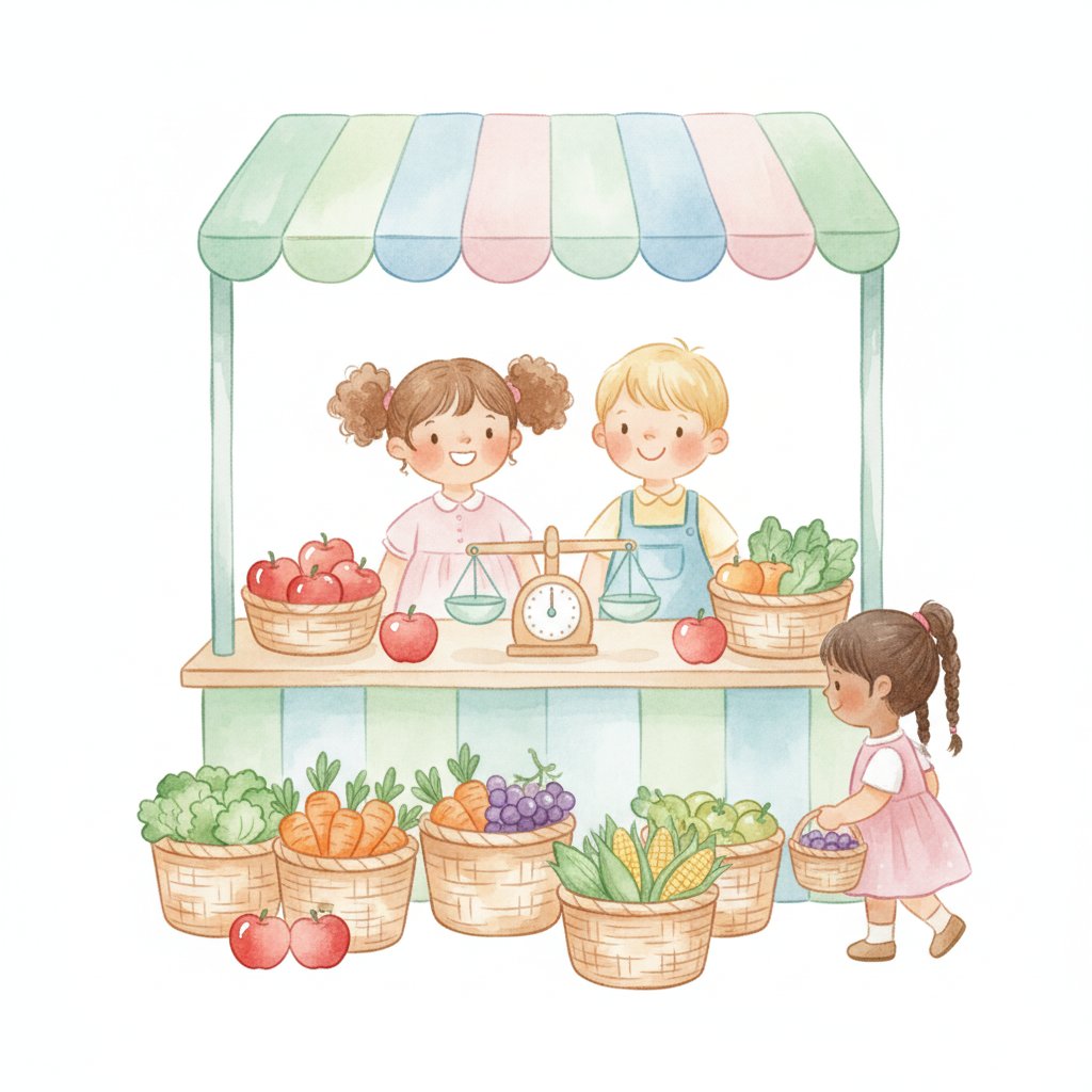 Watercolor of cheerful preschoolers at a pretend farmers market stall with fruit and a scale