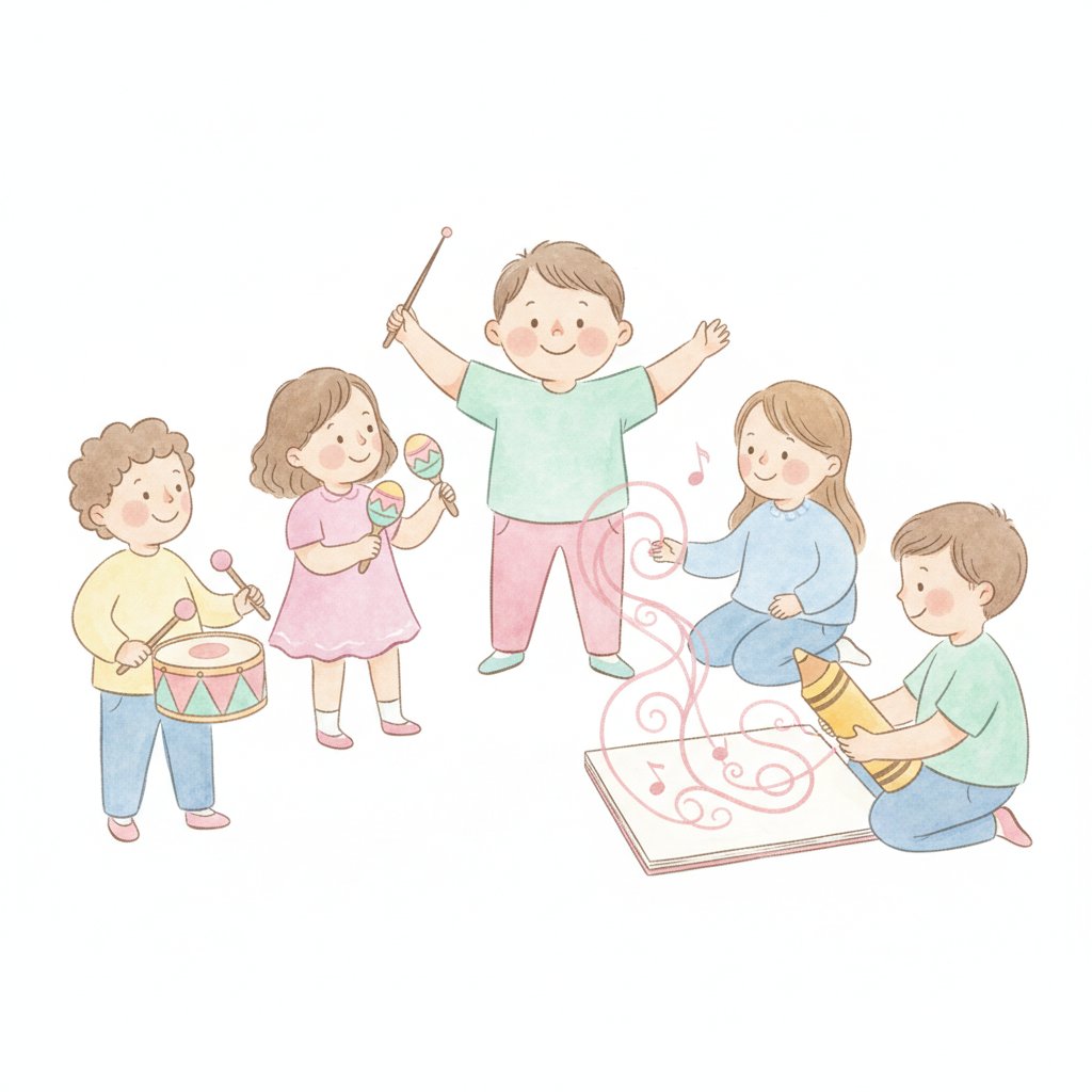 Watercolor of a cheerful preschooler conducting while friends play instruments and draw music