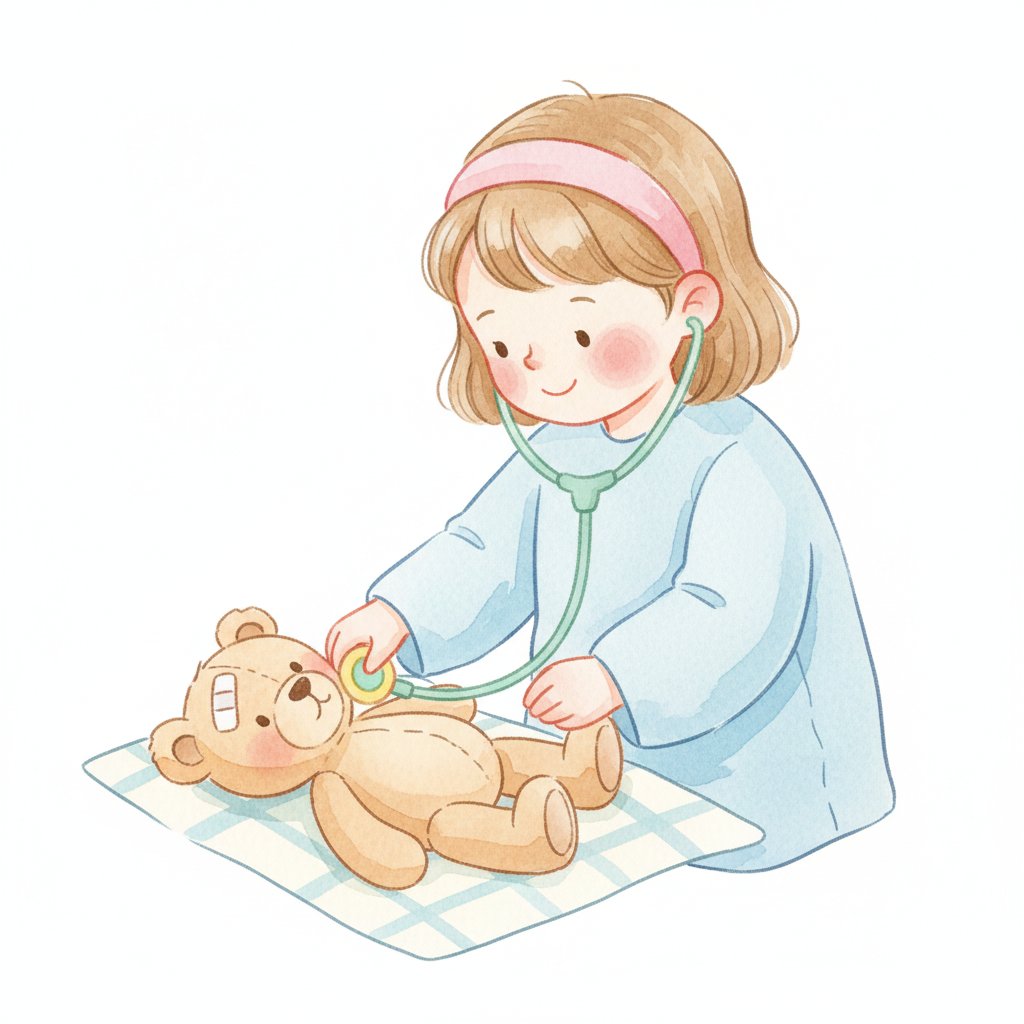 A child pretending to be a doctor caring for a teddy bear with a toy stethoscope