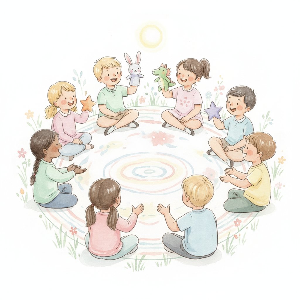 Watercolor of children in a story circle with puppets