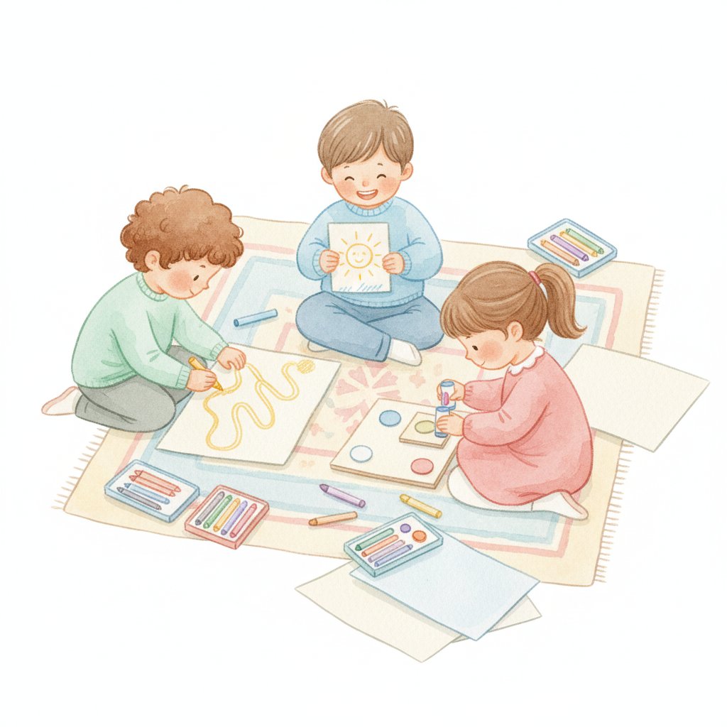 children making their own board game from paper and crayons on the floor