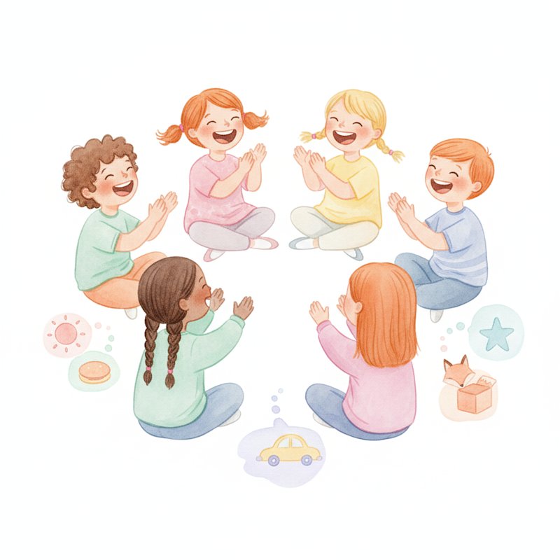 Watercolor illustration of cheerful young children sitting in a circle clapping and laughing while playing a rhyming word game