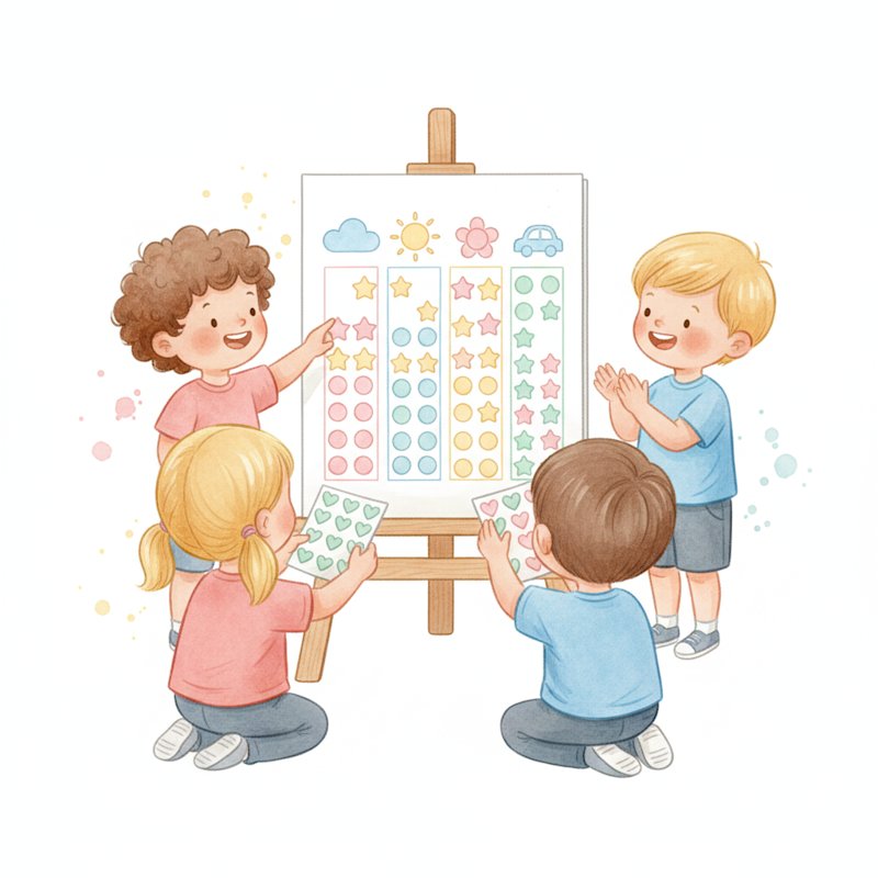 Watercolor illustration of children making a colorful sticker graph together and pointing at the tallest column