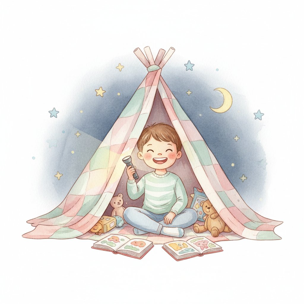 a brave smiling child shining a flashlight inside a cozy blanket fort at night
